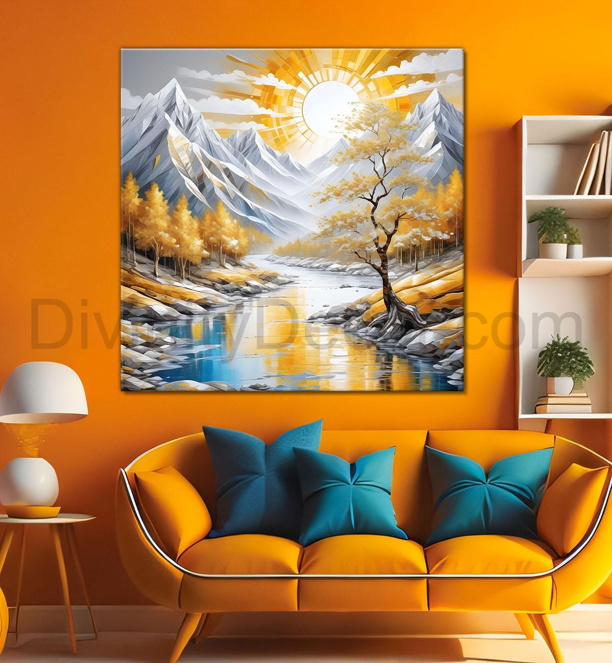 Colourful tree with lake in textured natural art painting Canvas Painting 24X24- Nature Art -S-24