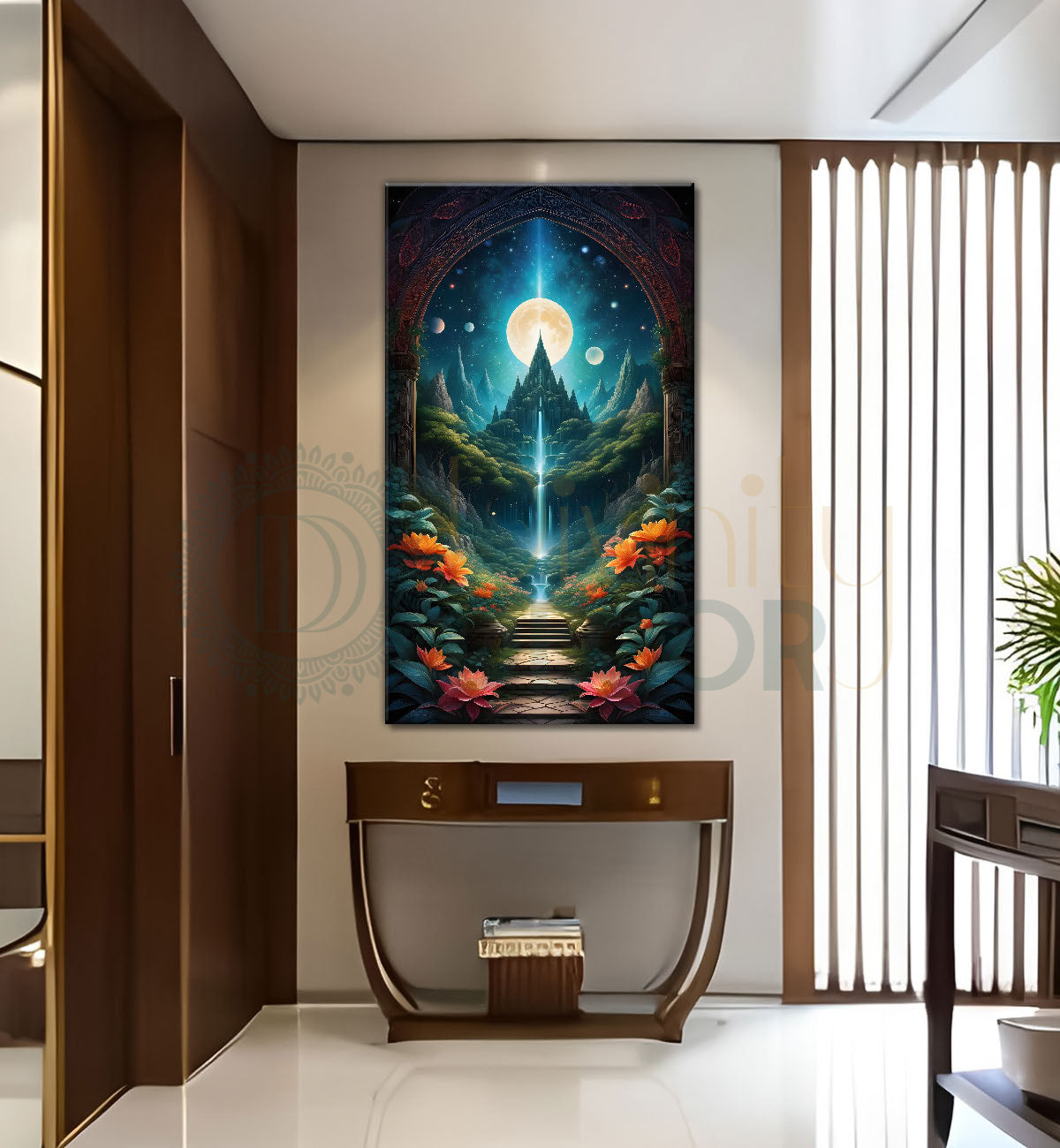 Castle in mountains in night background with the moon textured natural art Canvas Painting - Nature Art -V-24