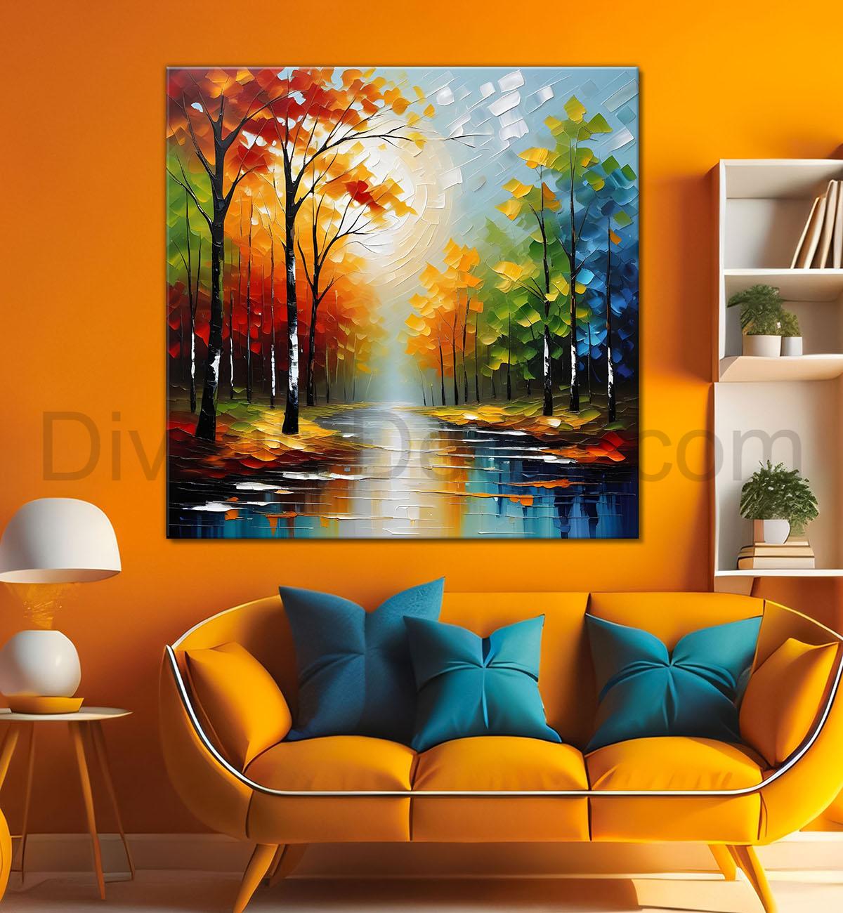 Colourful tree with lake in textured natural art painting Canvas Painting 24X24- Nature Art -S-25