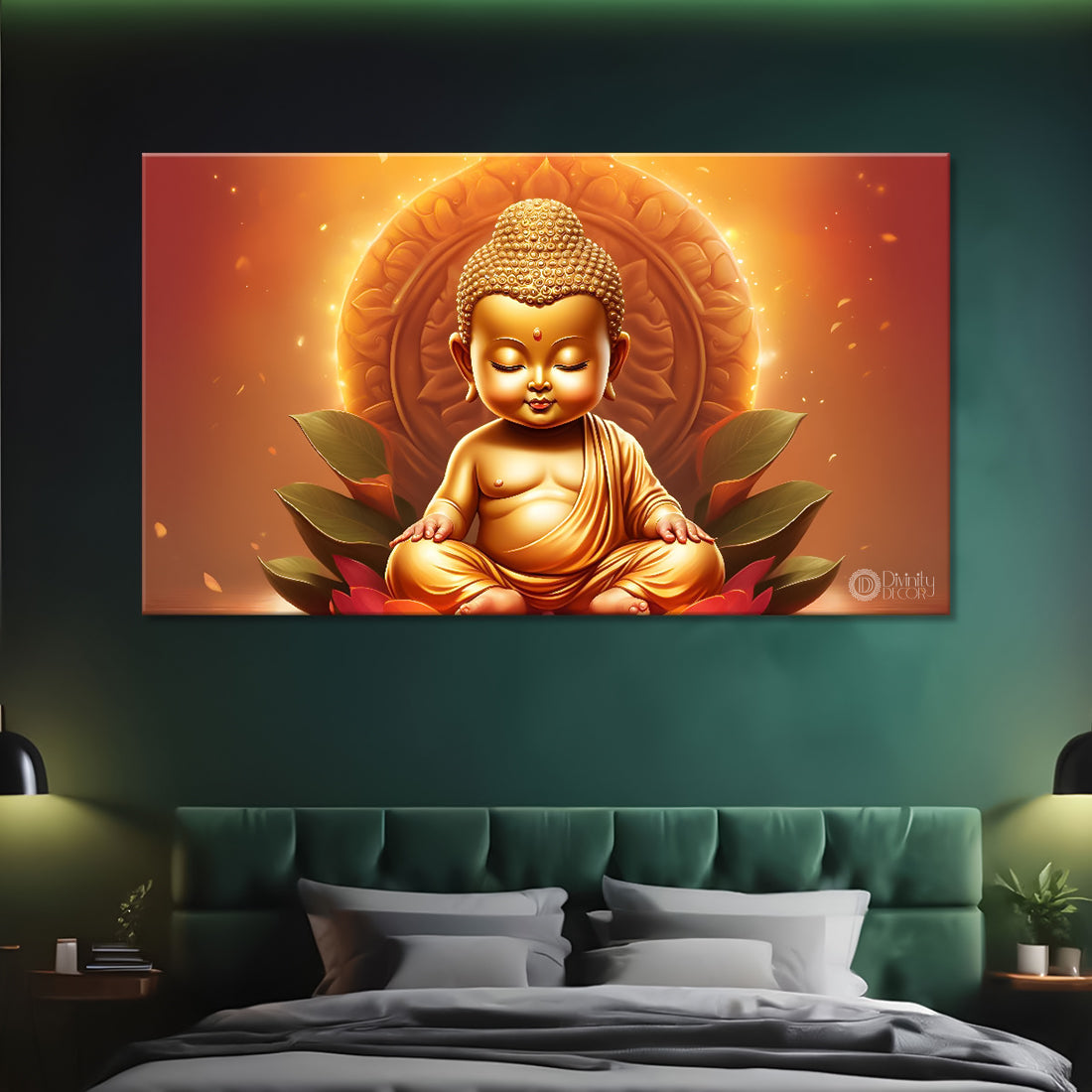 Golden baby buddha with orange background painting Canvas Wall Painting - Buddha-25