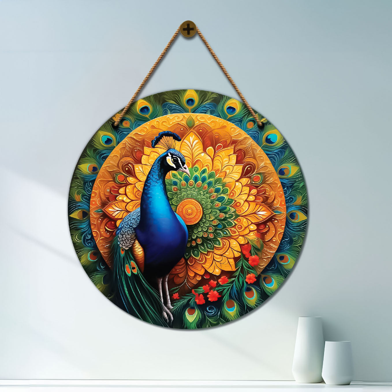 Peacock in green and mandala Round Wooden Wall Hanging for wall Décor - Design - 25