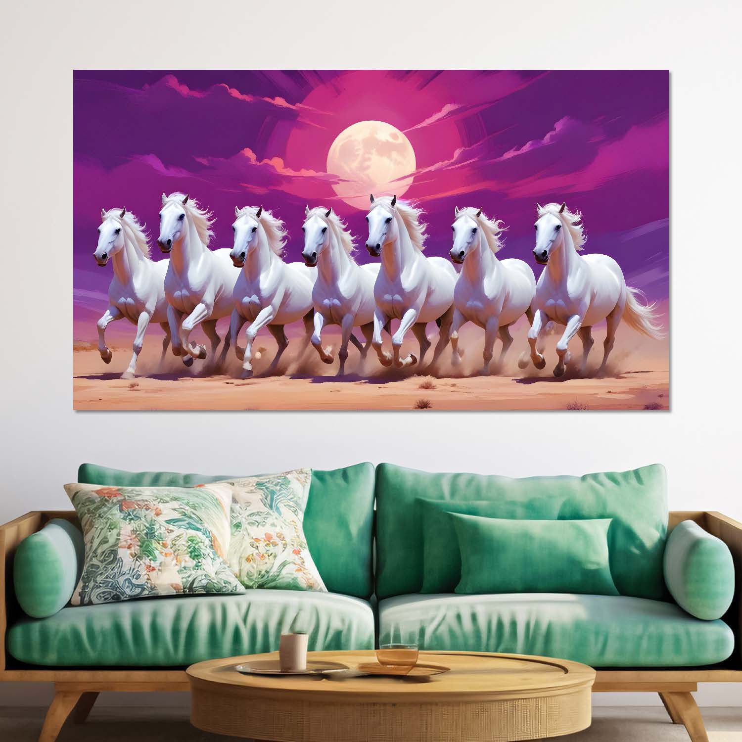 White horses running on sand with moon in purple textured background art Canvas Painting - Design - Horse-25
