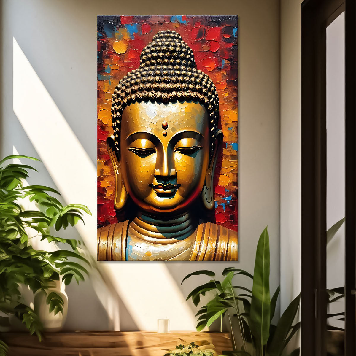 Golden buddha face with colourful background textured painting - Buddha-V-25