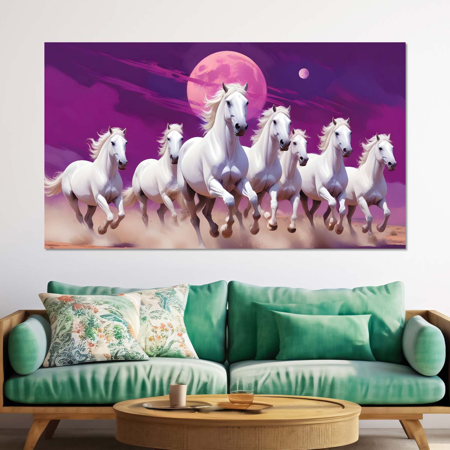 White horses running on sand with two moon in purple textured background art Canvas Painting - Design - Horse-26