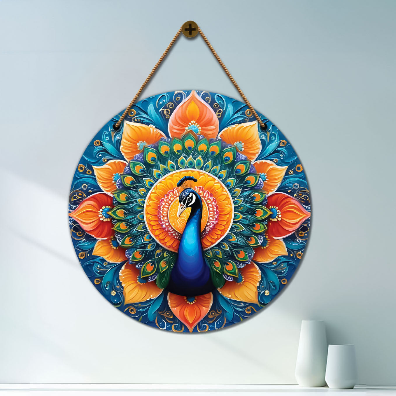 Peacock in orange and blue mandala Round Wooden Wall Hanging for wall Décor - Design - 26
