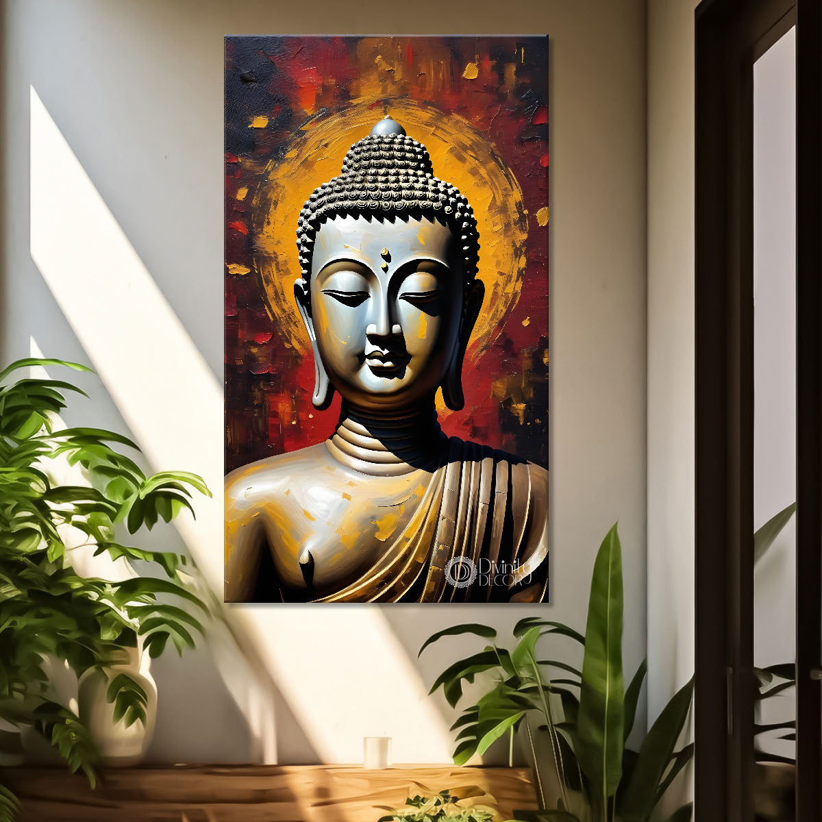Golden buddha with colourful background textured painting - Buddha-V-26