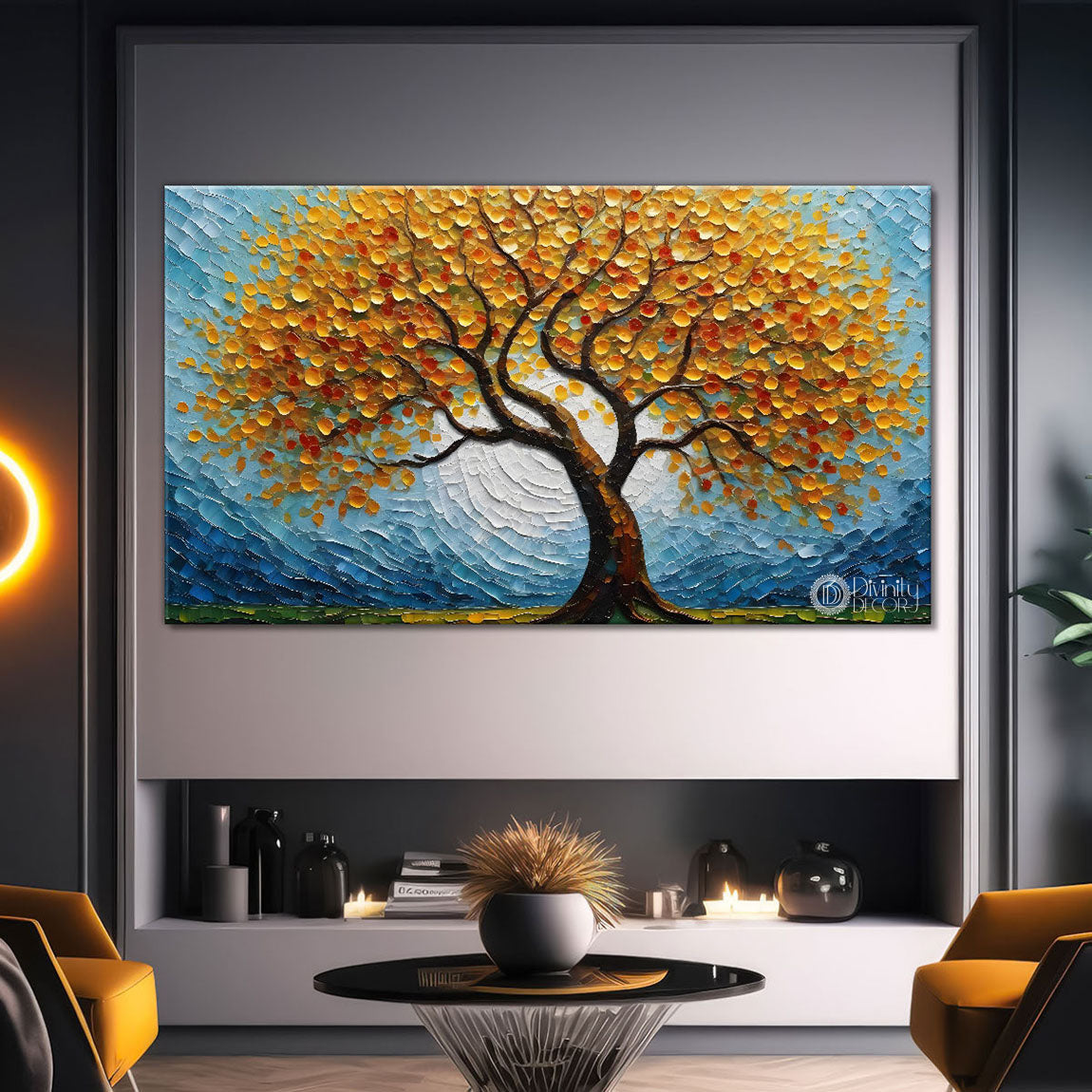 Yellow tree with blue background textured modern art Canvas Painting - Design - Tree-26
