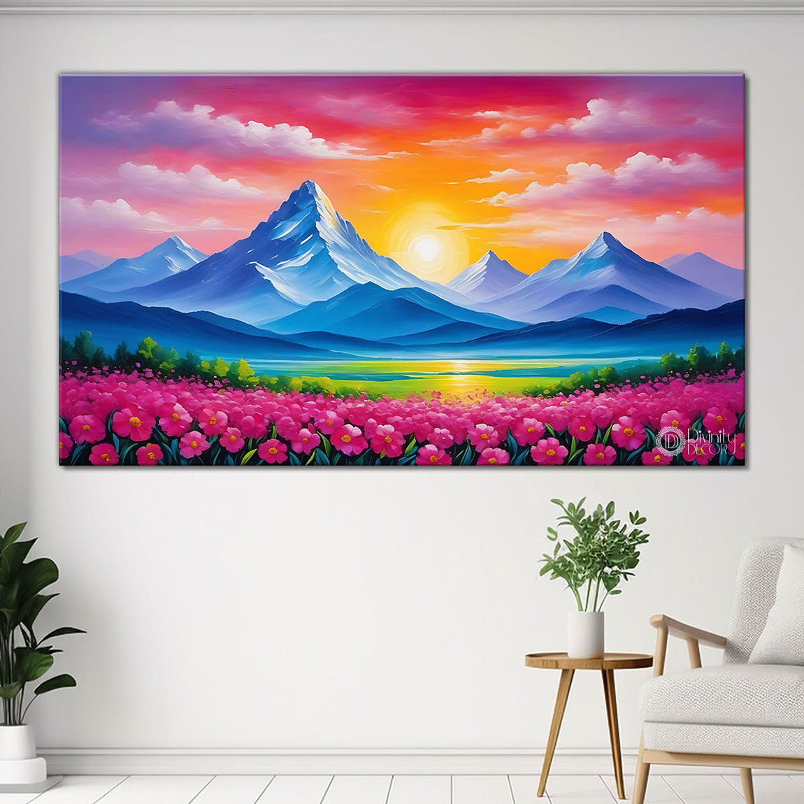 Mountains with pink sky and flowers in textured natural scenery art painting Canvas Painting - Nature Art -26
