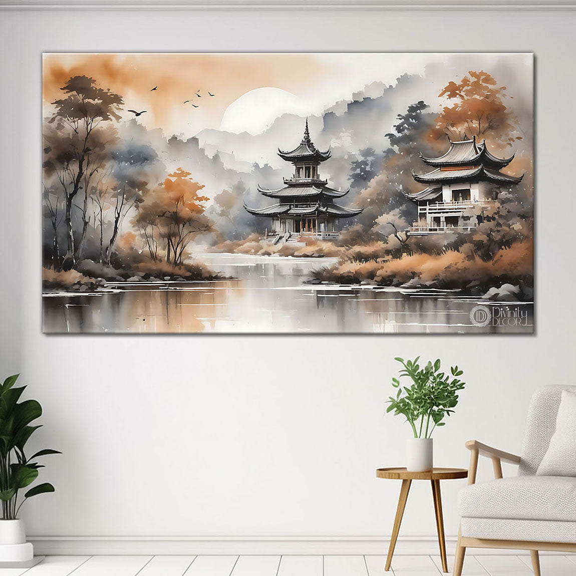 Golden trees and temple with grey and white detailing natural art Canvas Painting - Nature Art -27