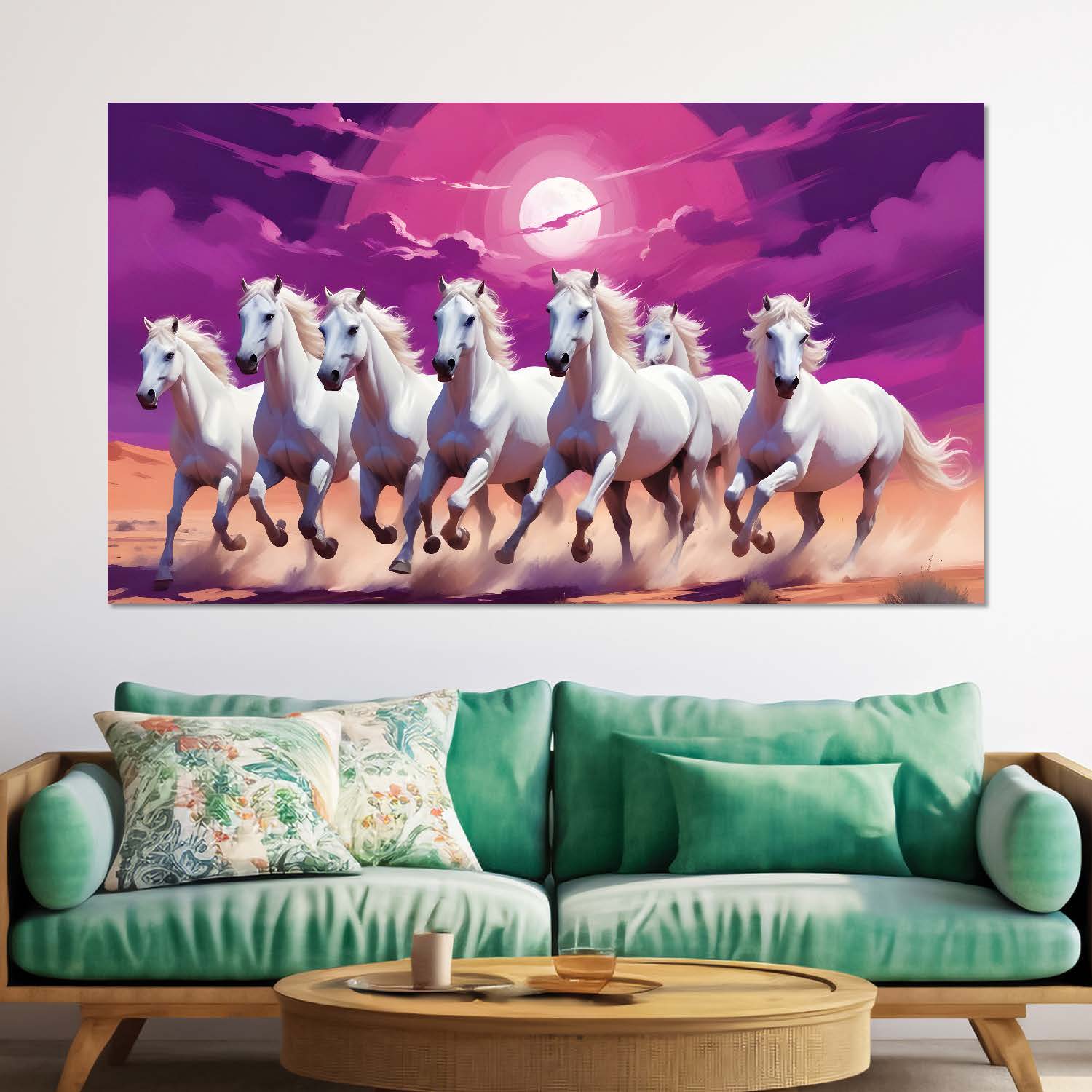 White horses running on sand with moon in purple textured background art Canvas Painting - Design - Horse-27