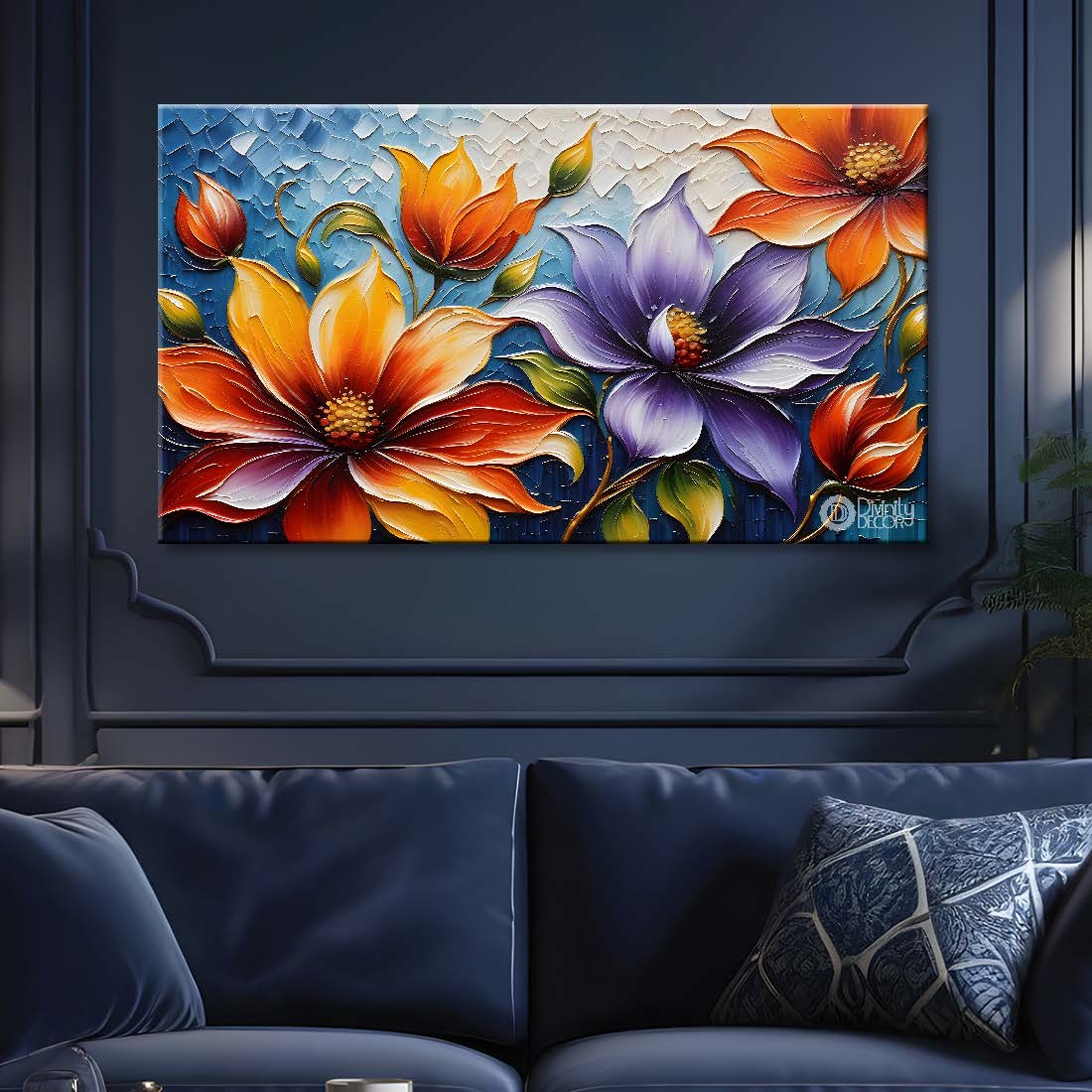 Orange and blue flowers with blue textured painting- Design - Flower-27