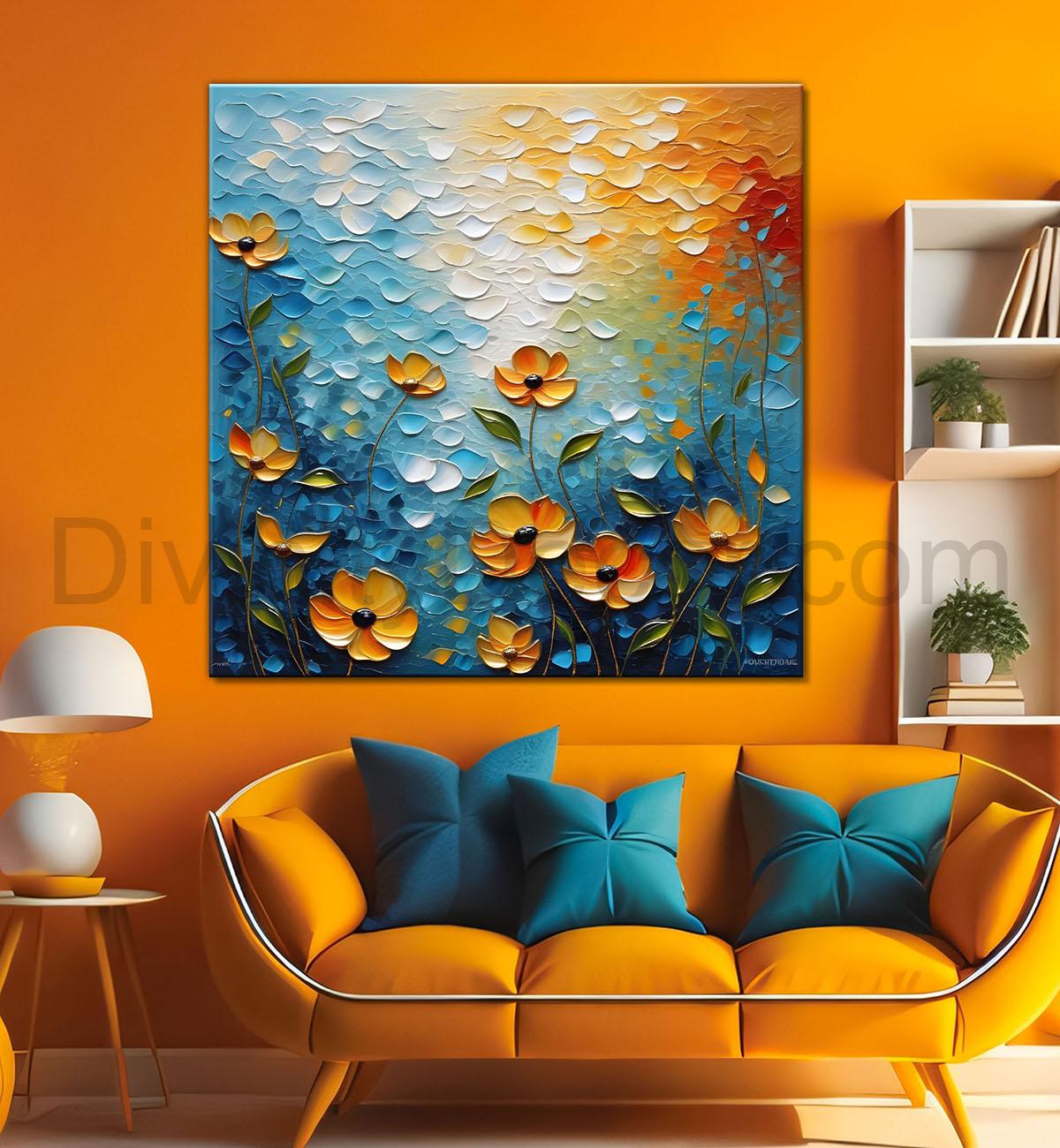 Orange flowers in blue background textured painting Canvas Painting 24X24- Nature Art -S-27