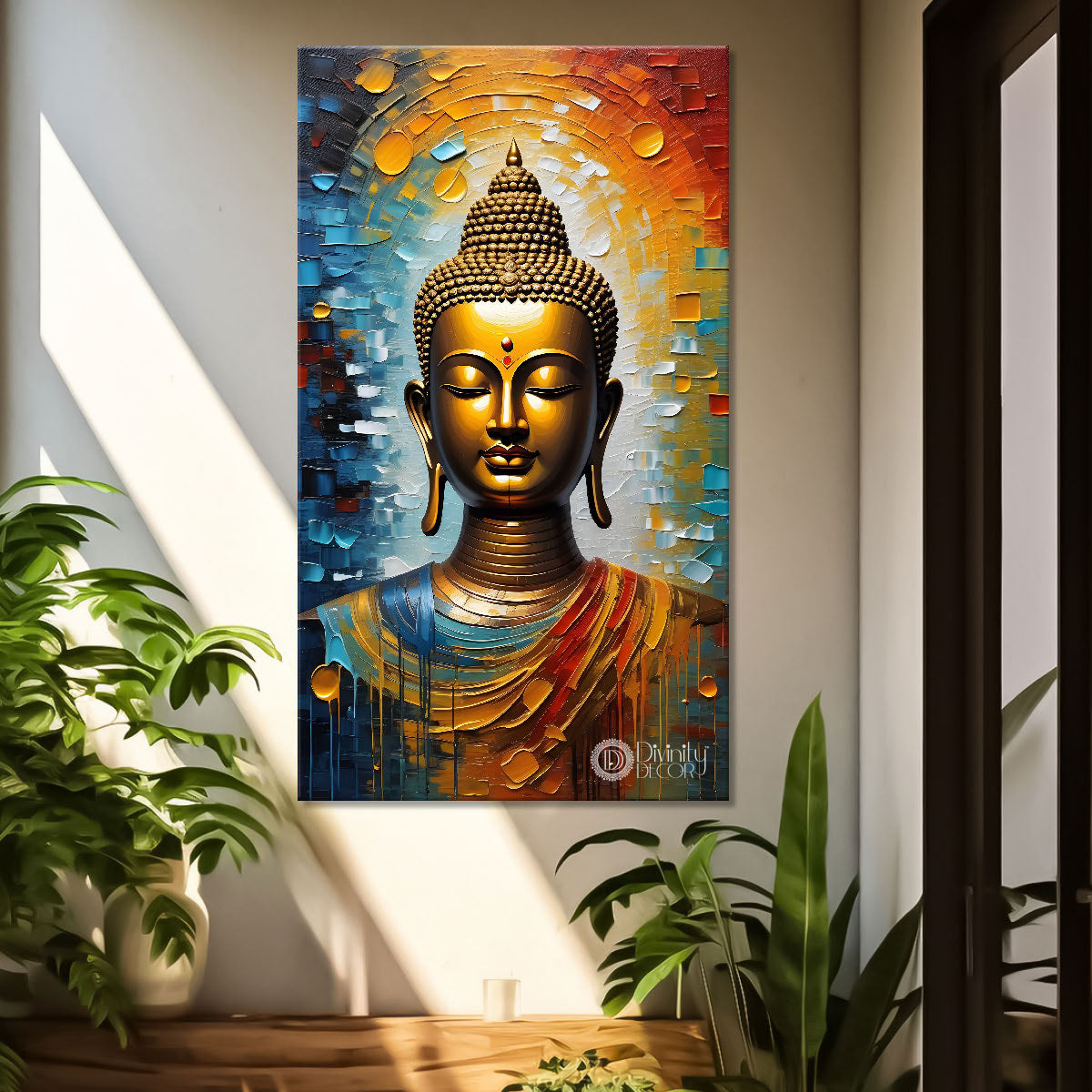 Golden buddha with colourful background textured painting - Buddha-V-27