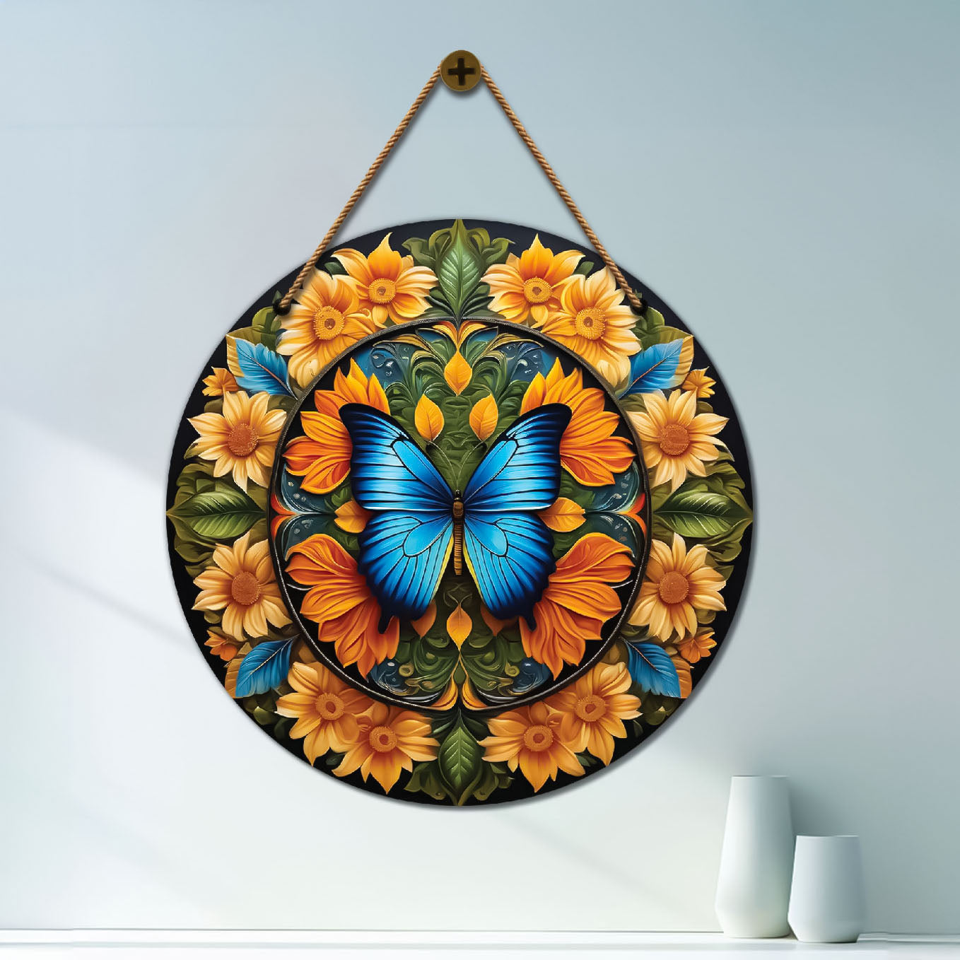 Blue Butterfly in floral and black mandala Round Wooden Wall Hanging for wall Décor - Design - 27