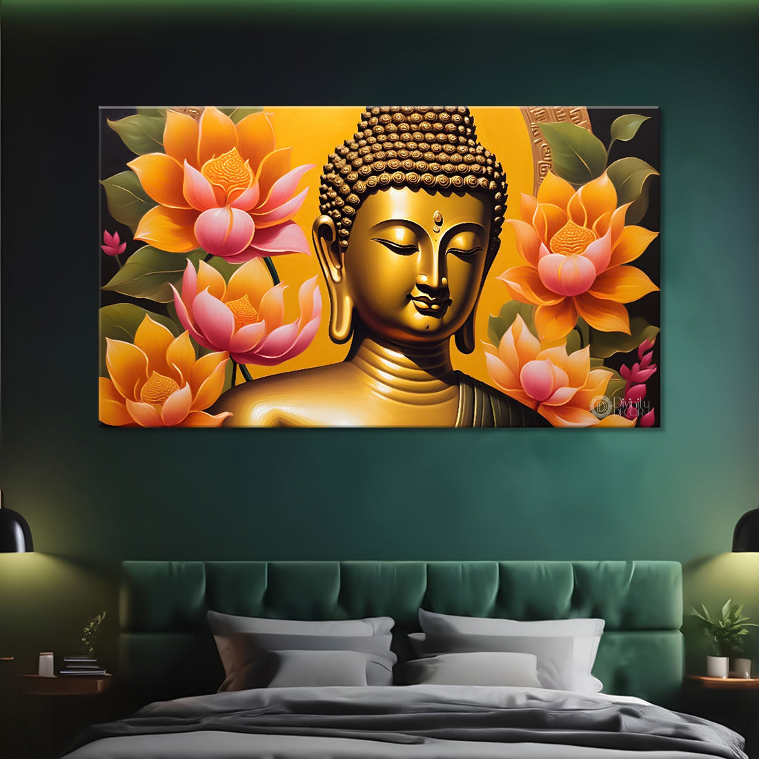 Golden buddha with lotus textured painting Canvas Wall Painting - Buddha-27