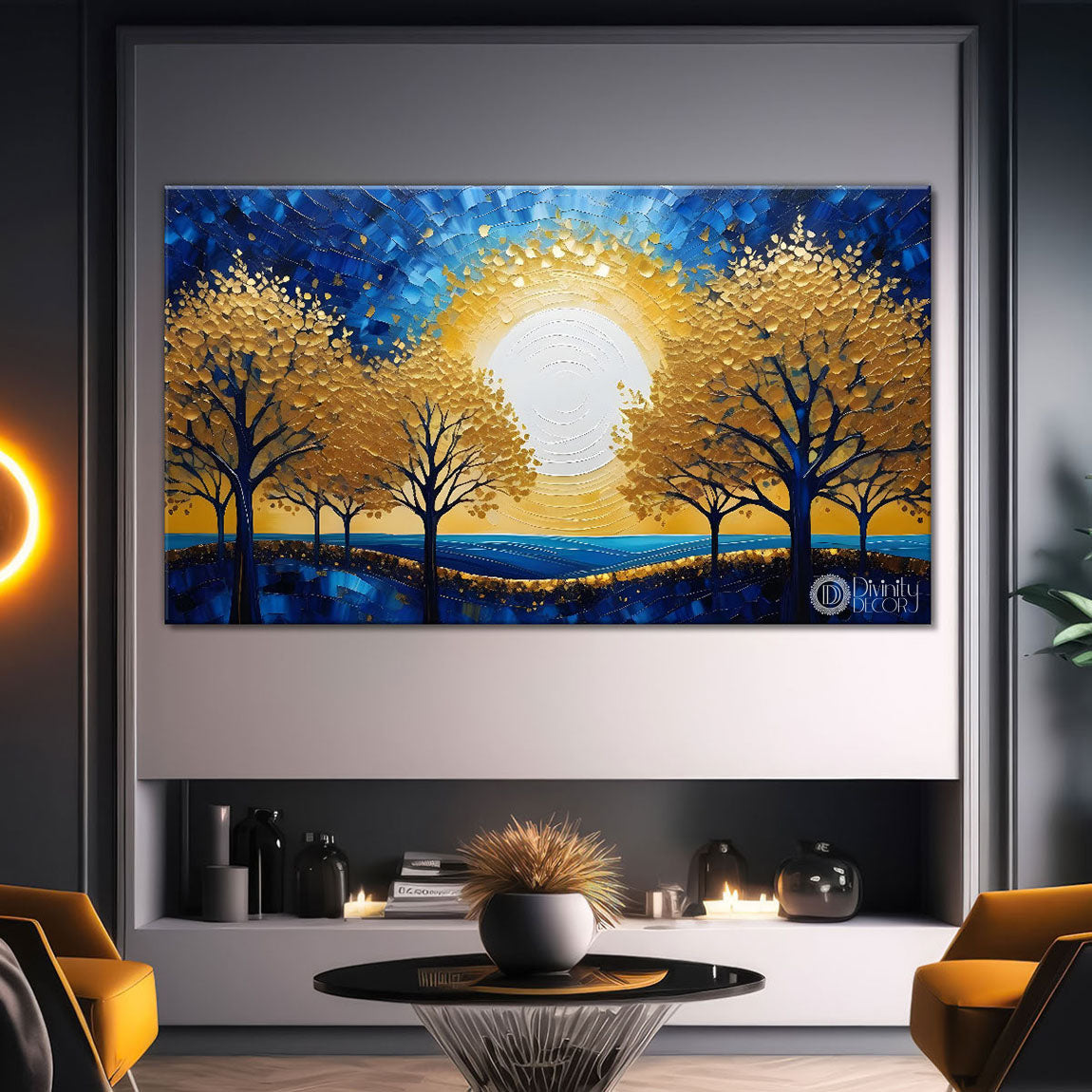 Golden trees with sun textured modern art Canvas Painting - Design - Tree-28