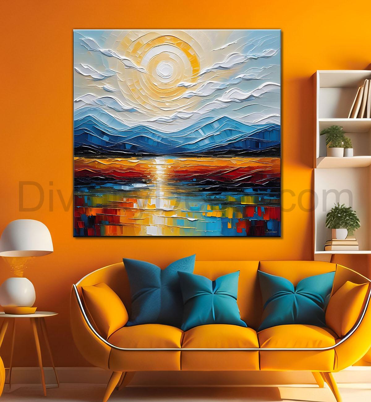 Mountians and lake with sunrise background painting Canvas Painting 24X24- Nature Art -S-28