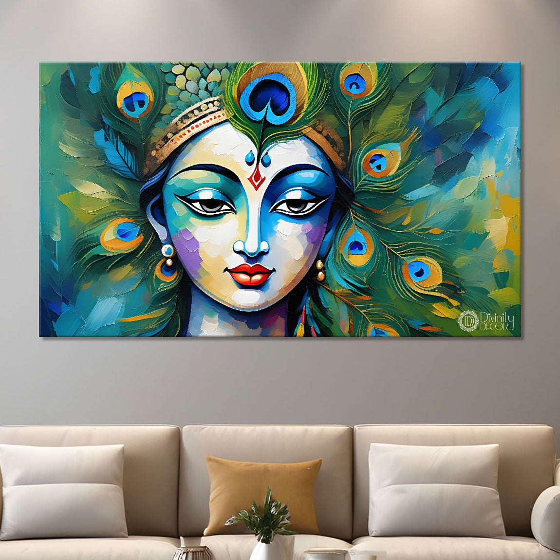 Blue face Krishna with peacock feathers painting Canvas Painting - Design - Krishna-28