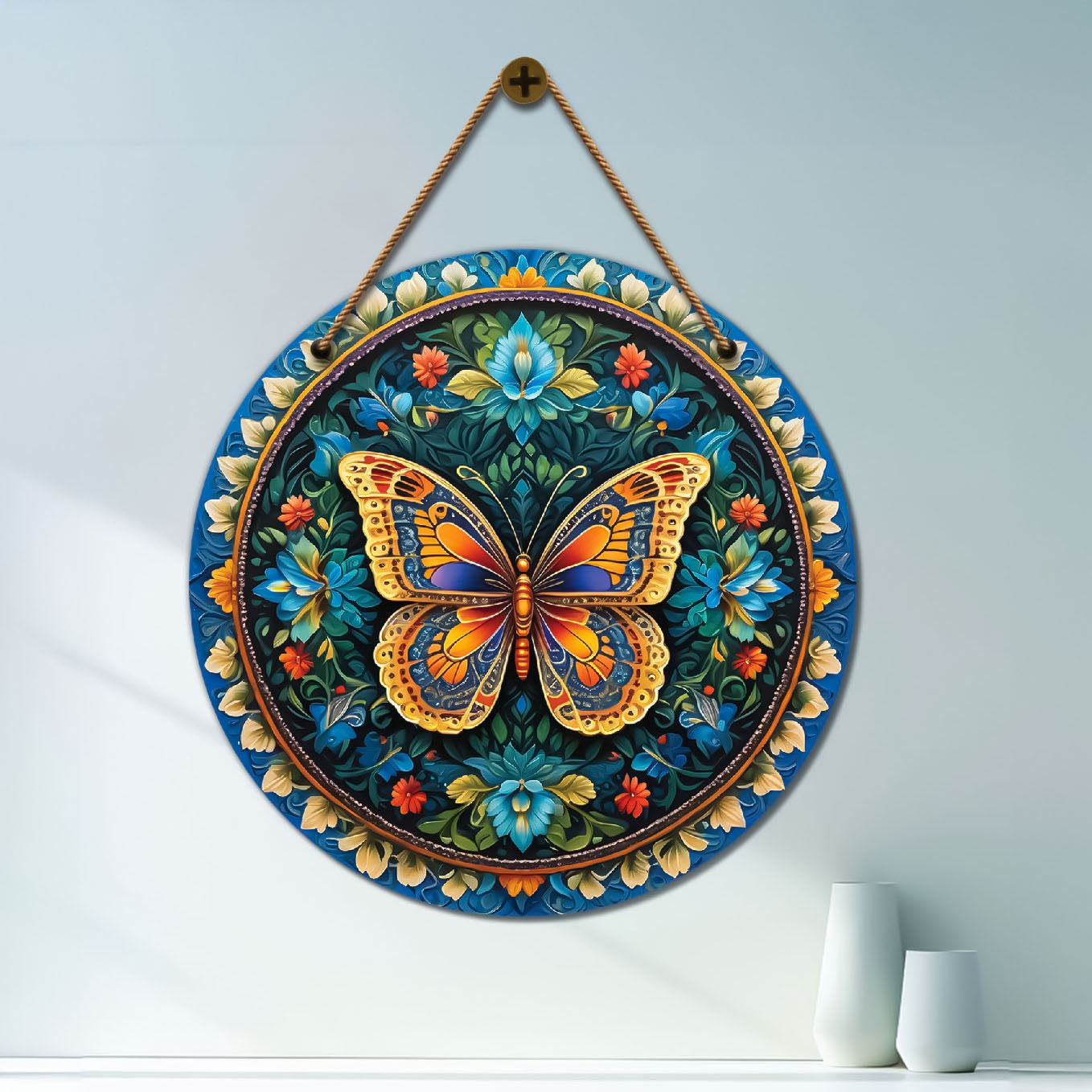 Butterfly floral and blue mandala Round Wooden Wall Hanging for wall Décor - Design - 28