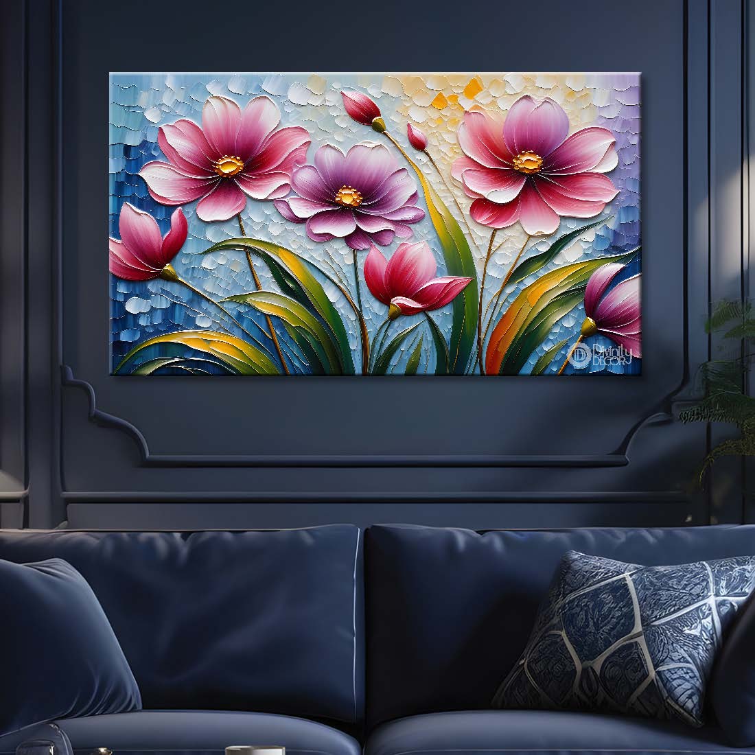 Pink flowers with blue textured painting- Design - Flower-28