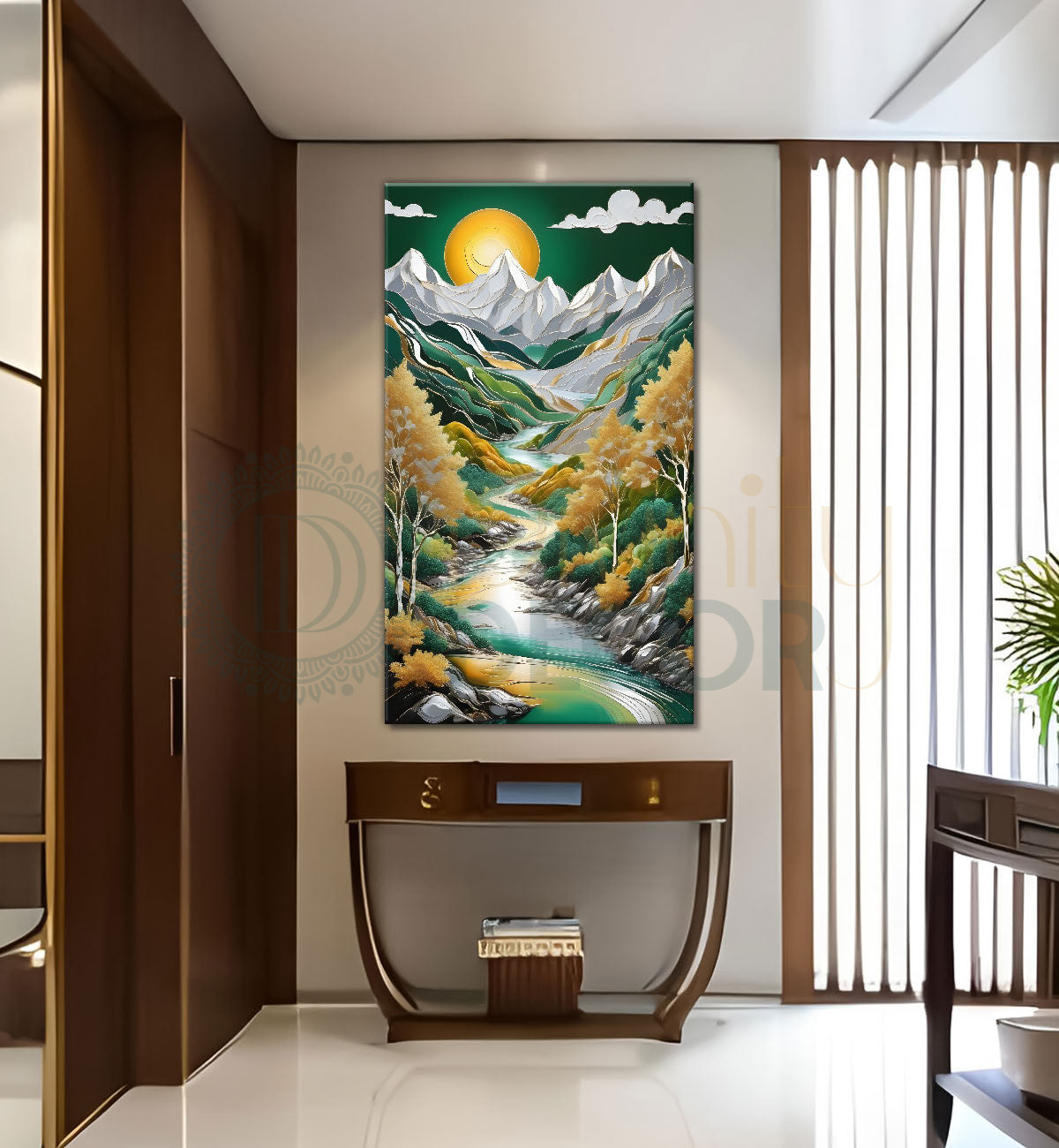 Green mountains with golden treesand white moon textured natural art Canvas Painting - Nature Art -V-28