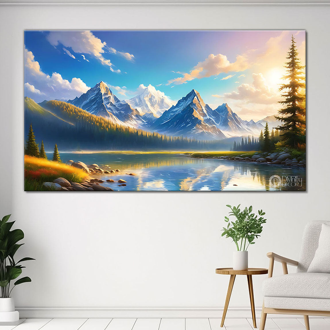 Mountains with cloudy sky and river in textured natural art Canvas Painting - Nature Art -28