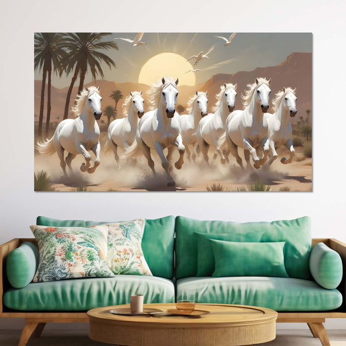 White horses running on sand with mountains and sunrise textured background art Canvas Painting - Design - Horse-28