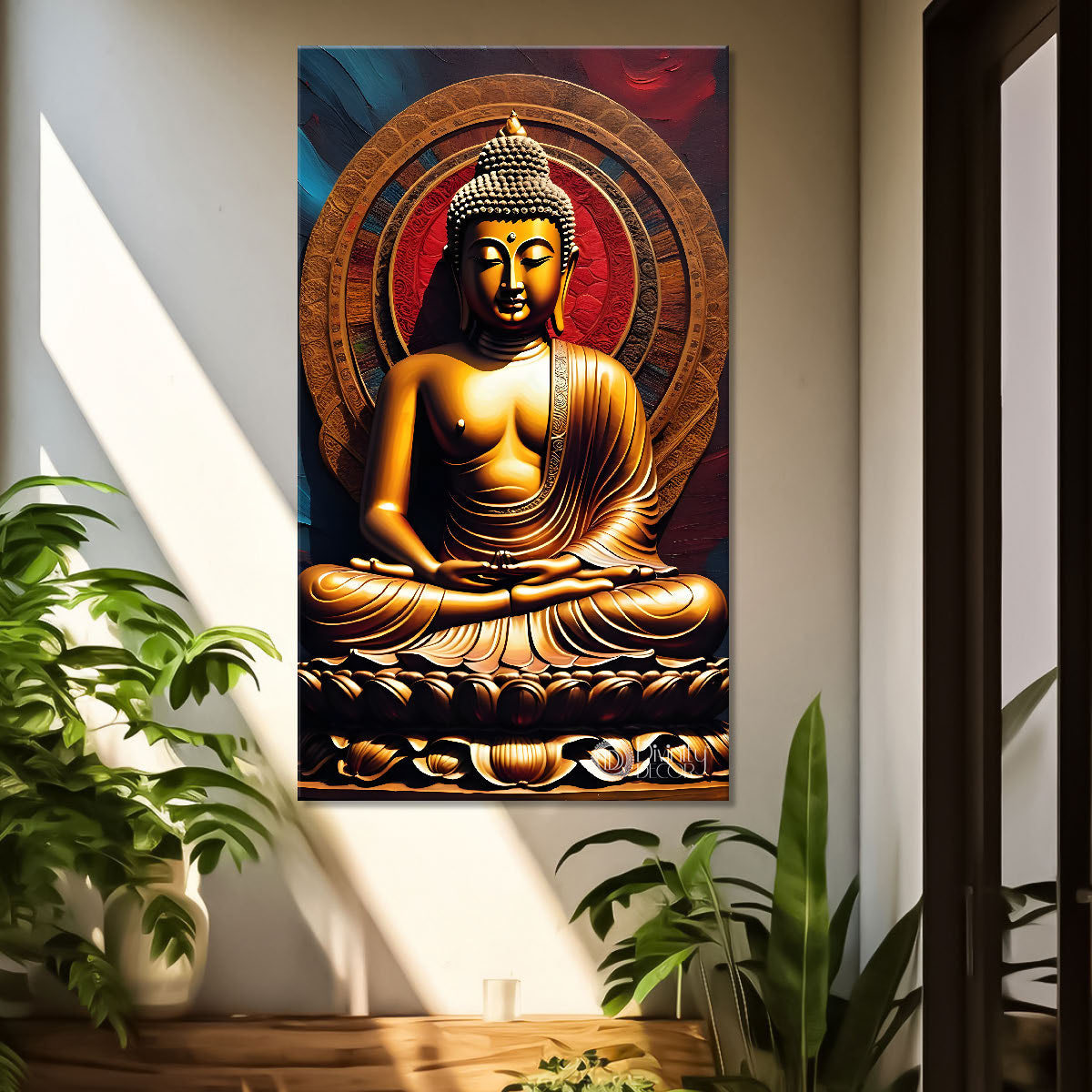 Golden buddha with red background textured painting- Buddha-V-28