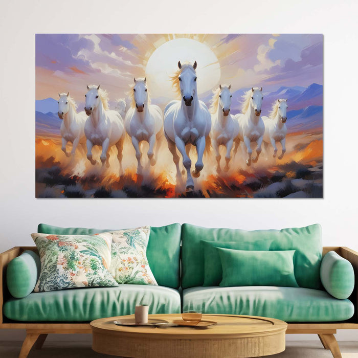 White running horses with mountains and sunrise textured background art Canvas Painting - Design - Horse-29
