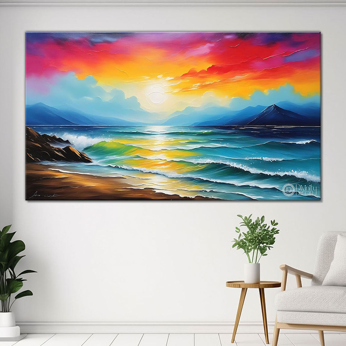 Mountains with sea with colorful sky in textured natural art Canvas Painting - Nature Art -29