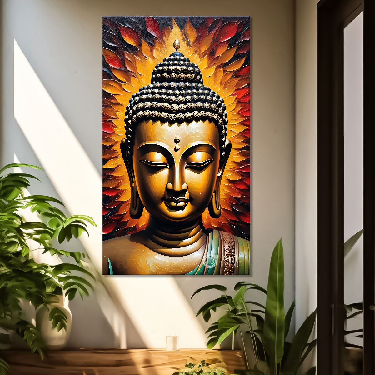 Golden buddha face with yellow and red background textured painting- Buddha-V-29