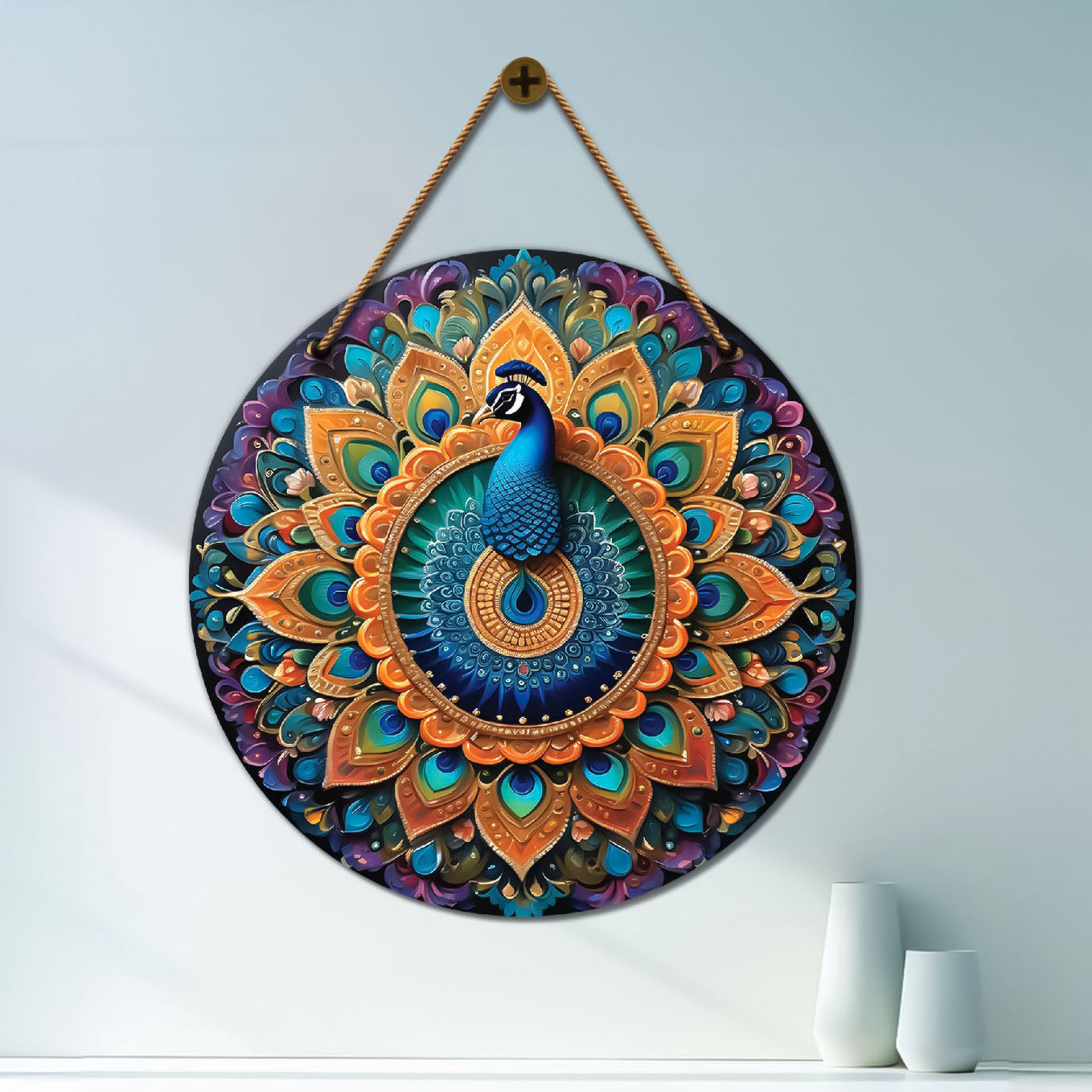 Peacock in golden and blue mandala Round Wooden Wall Hanging for wall Décor - Design - 29