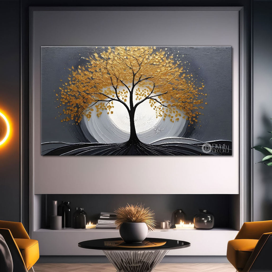 Golden tree in grey background textured modern art Canvas Painting - Design - Tree-29