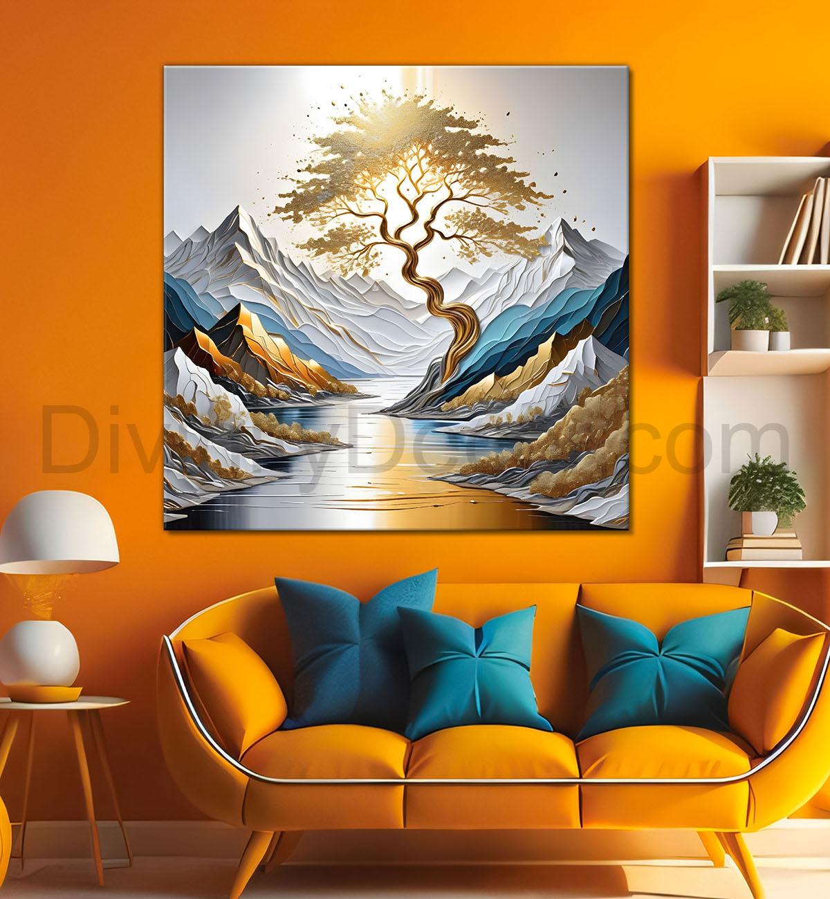 Golden tree with river and mountains in light background painting Canvas Painting 24X24 - Nature Art -S-29
