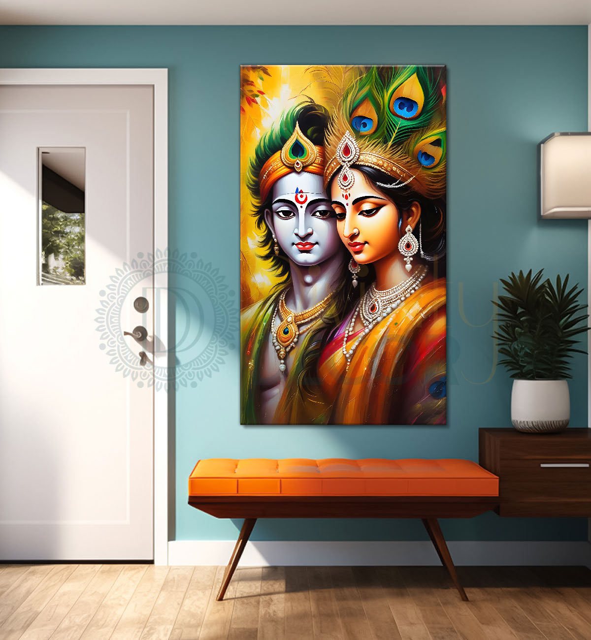 Blue face of krishna with radha in yellow background textured art Canvas Painting - Design - Krishna-V-2