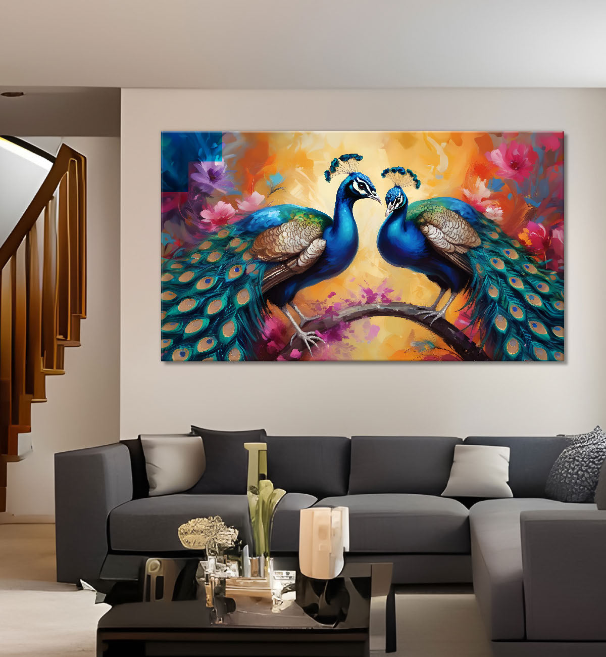 Two peacocks on the branch Canvas Painting - Design - Peacock-2