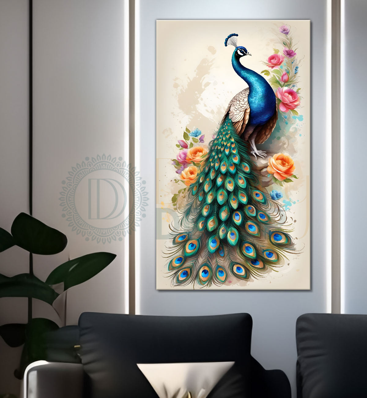 Peacock with colourful flowers painting - Design - Peacock-V-2