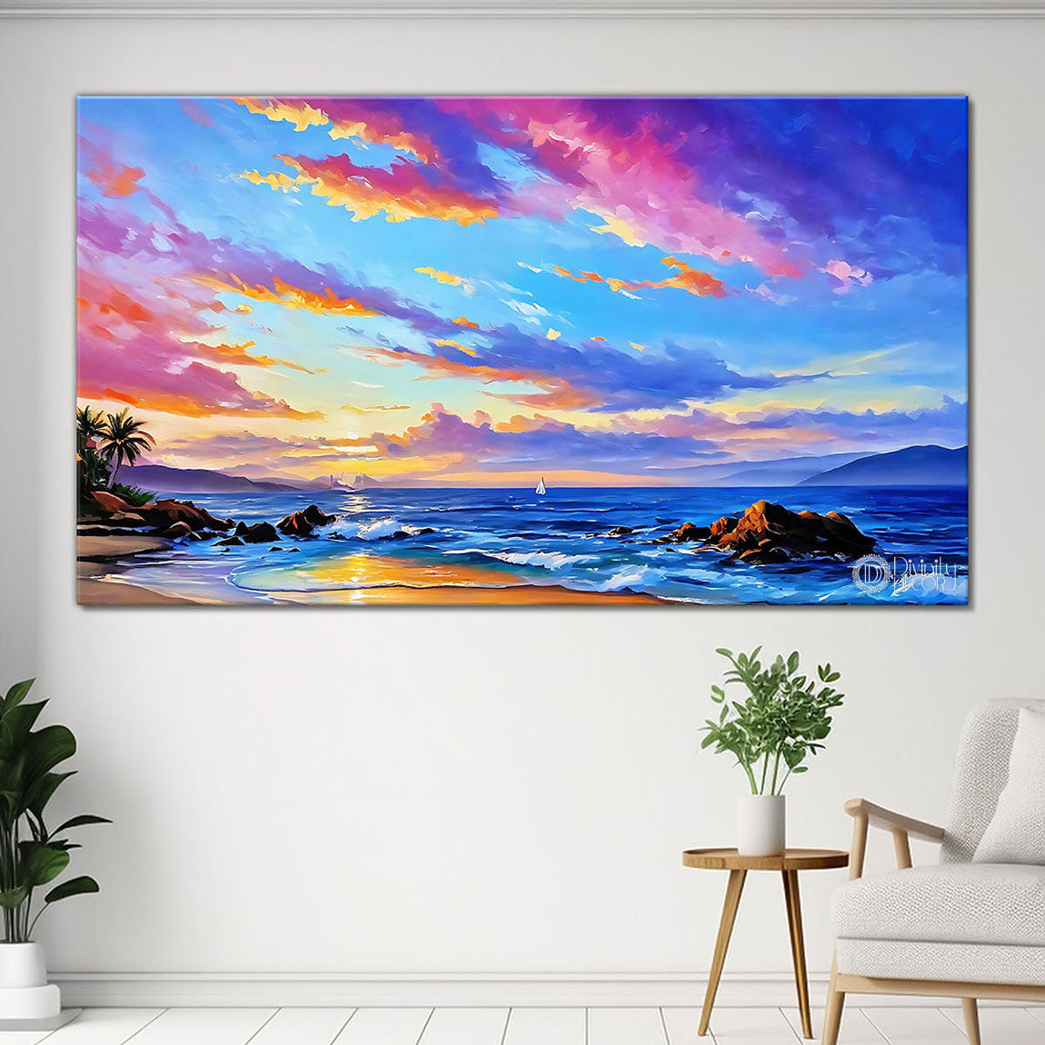 Sea view through beach with beautiful cloudy sky in textured natural  art Canvas Painting - Nature Art -30