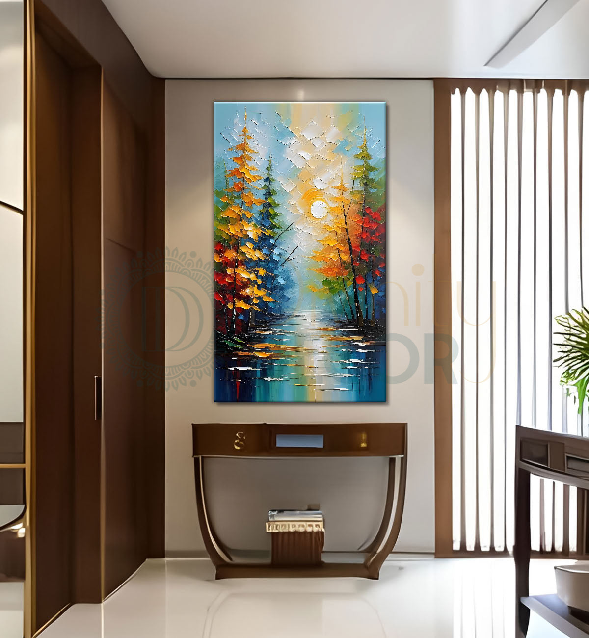 Colourful trees with lake in textured painting  Canvas Painting - Nature Art -V-30