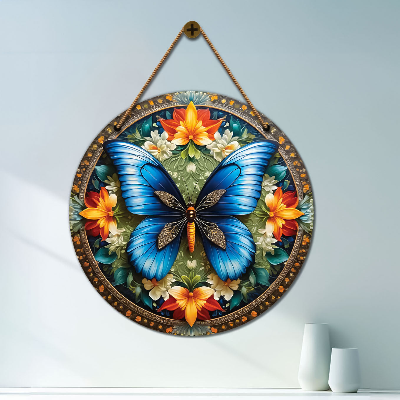Blue butterfly in floral and blue mandala Round Wooden Wall Hanging for wall Décor - Design - 30