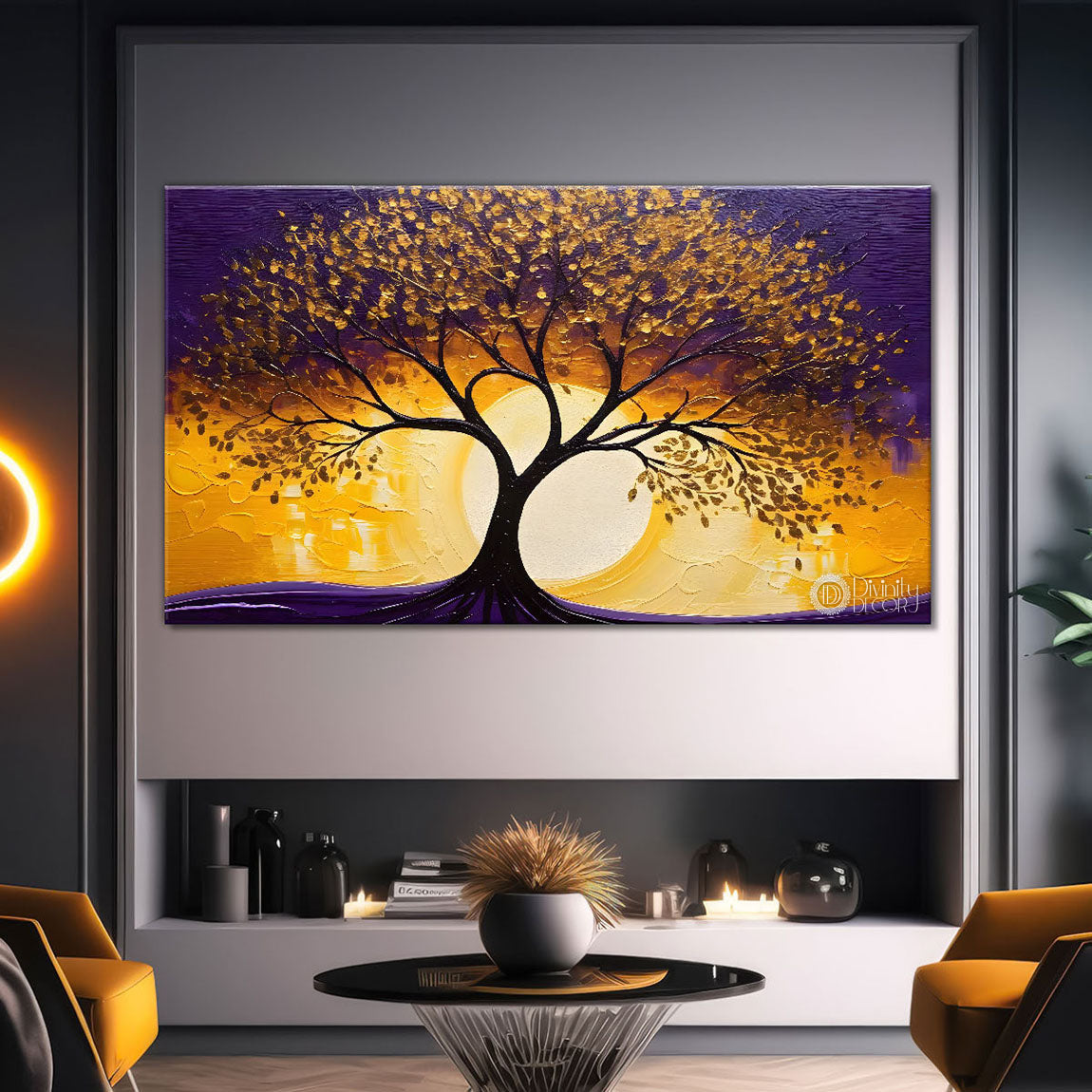 Golden tree in purple textured background modern art Canvas Painting - Design - Tree-30