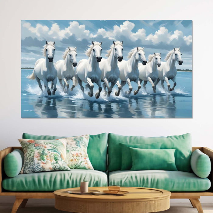 White running horses on the water with cloudy and sky blue textured background art Canvas Painting - Design - Horse-30
