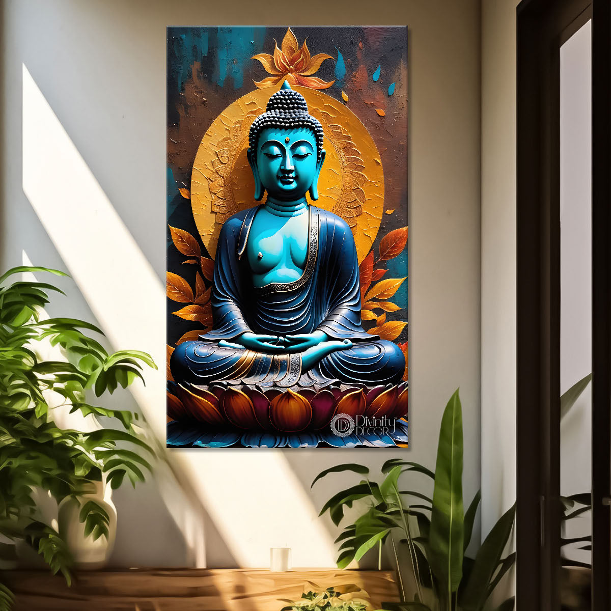 Blue buddha with yellow chakra background textured painting - Buddha-V-30