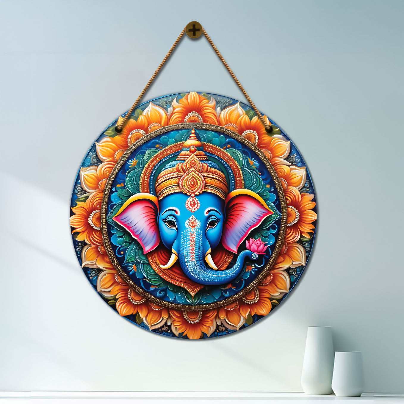 Ganesh Ji in orange and blue mandala Round Wooden Wall Hanging for wall Décor - Design - 31