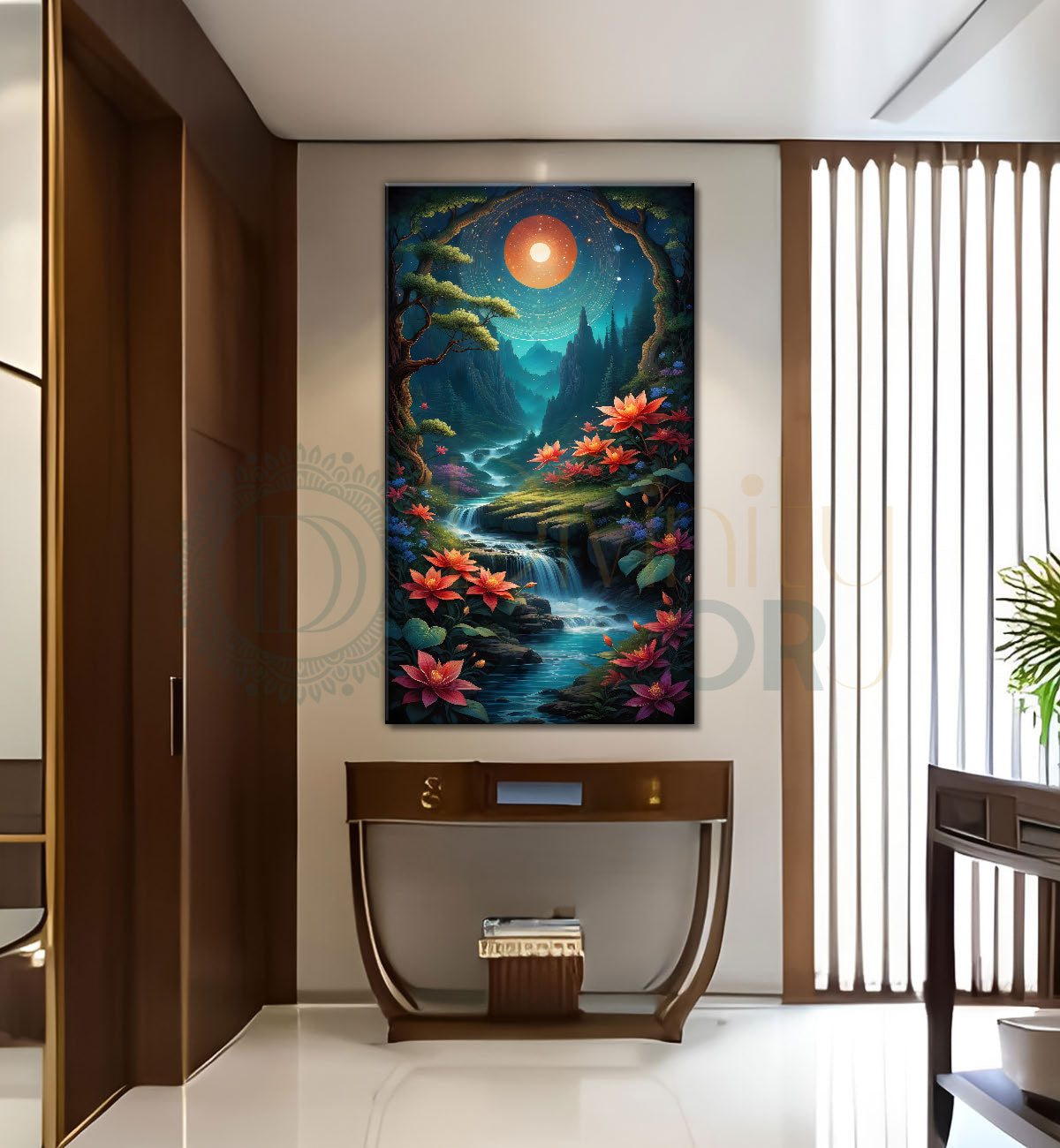 Colourful flowers with lake in mountains in night background textured painting Canvas Painting - Nature Art -V-31