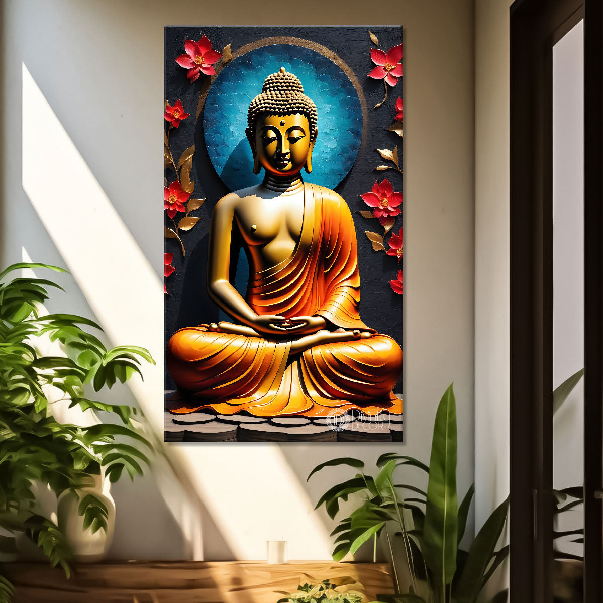 Golden buddha with blue chakra and red flowers background textured painting - Buddha-V-31