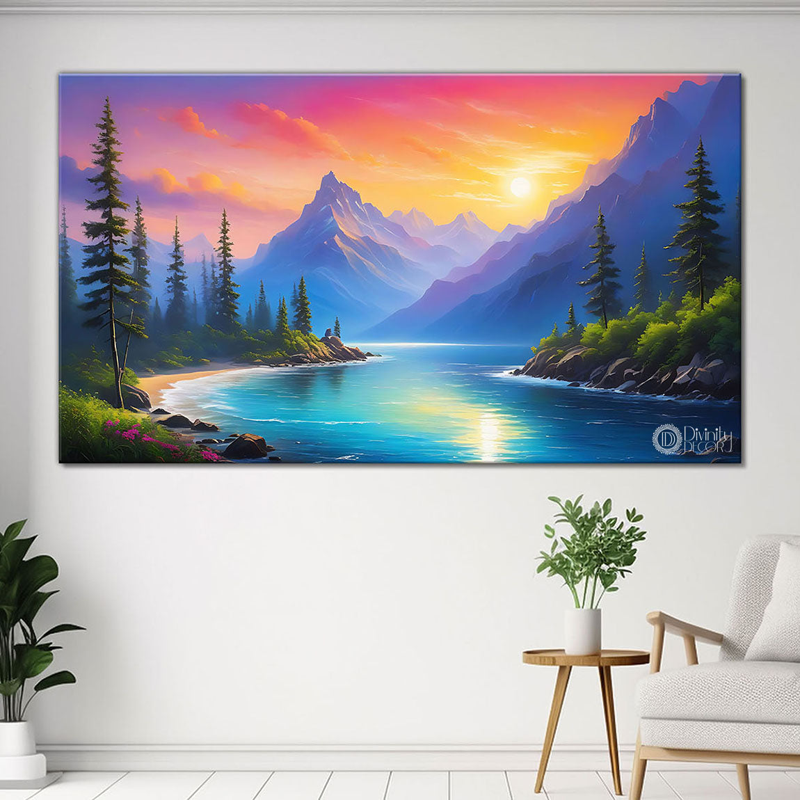 Mountains with trees and river in sunset view in textured natural art Canvas Painting - Nature Art -31