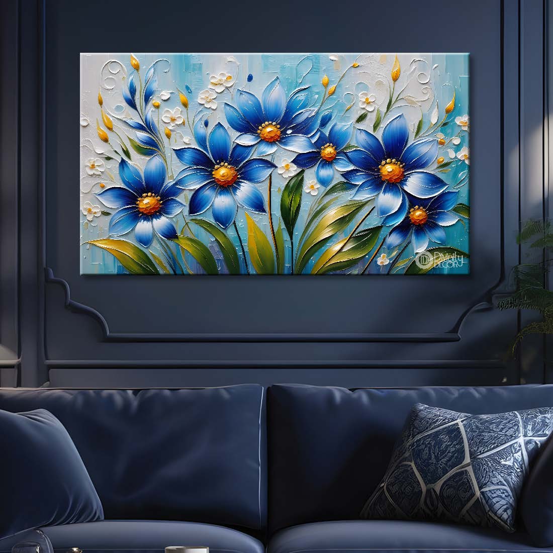 Blue flowers with blue textured painting- Design - Flower-31