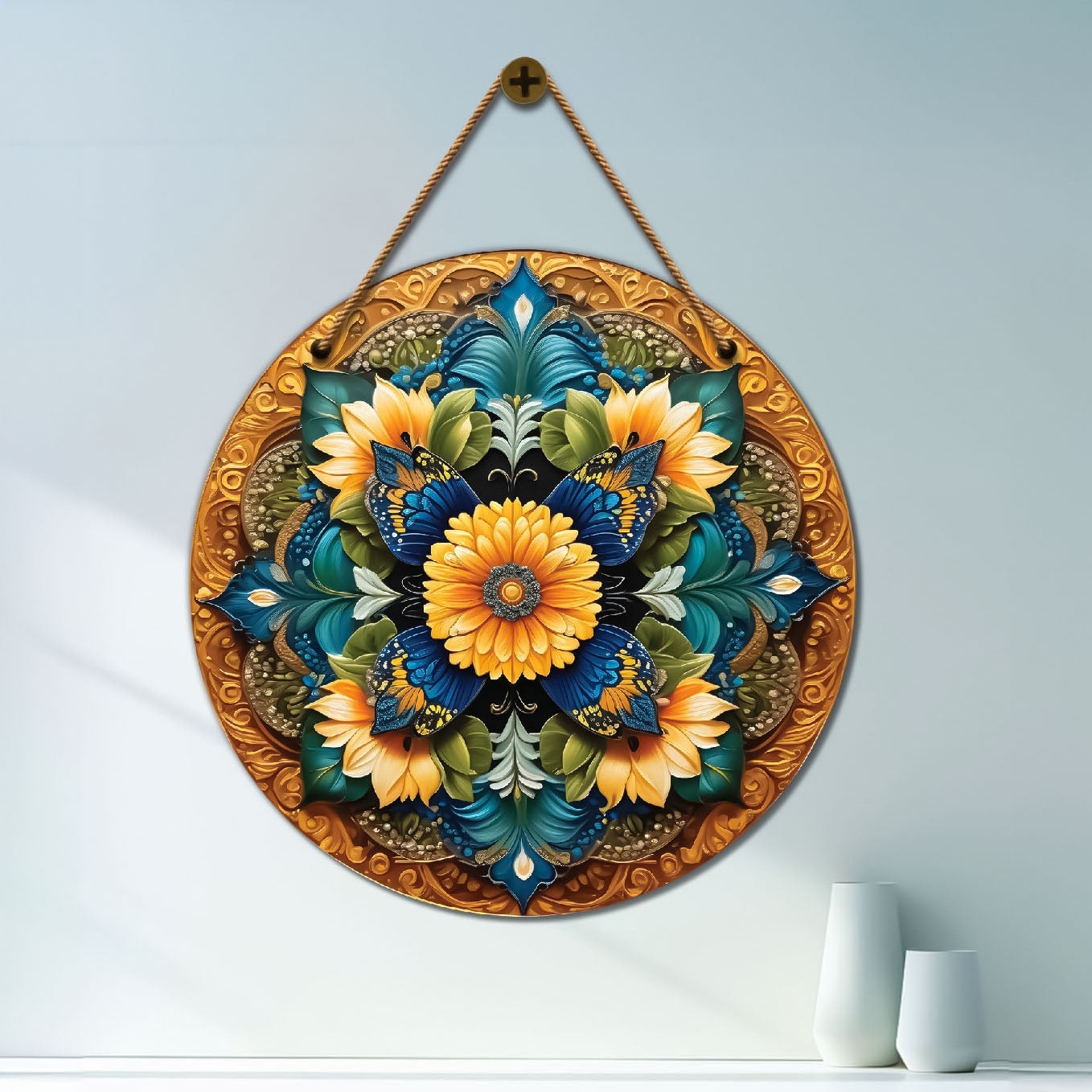 Floral in yellow and blue mandala Round Wooden Wall Hanging for wall Décor - Design - 32