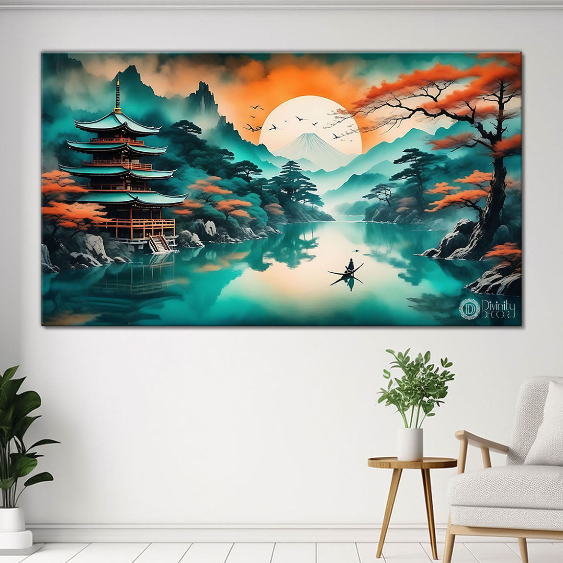 Mountains with orange trees and lake with green textured modern art Canvas Painting - Nature Art -32